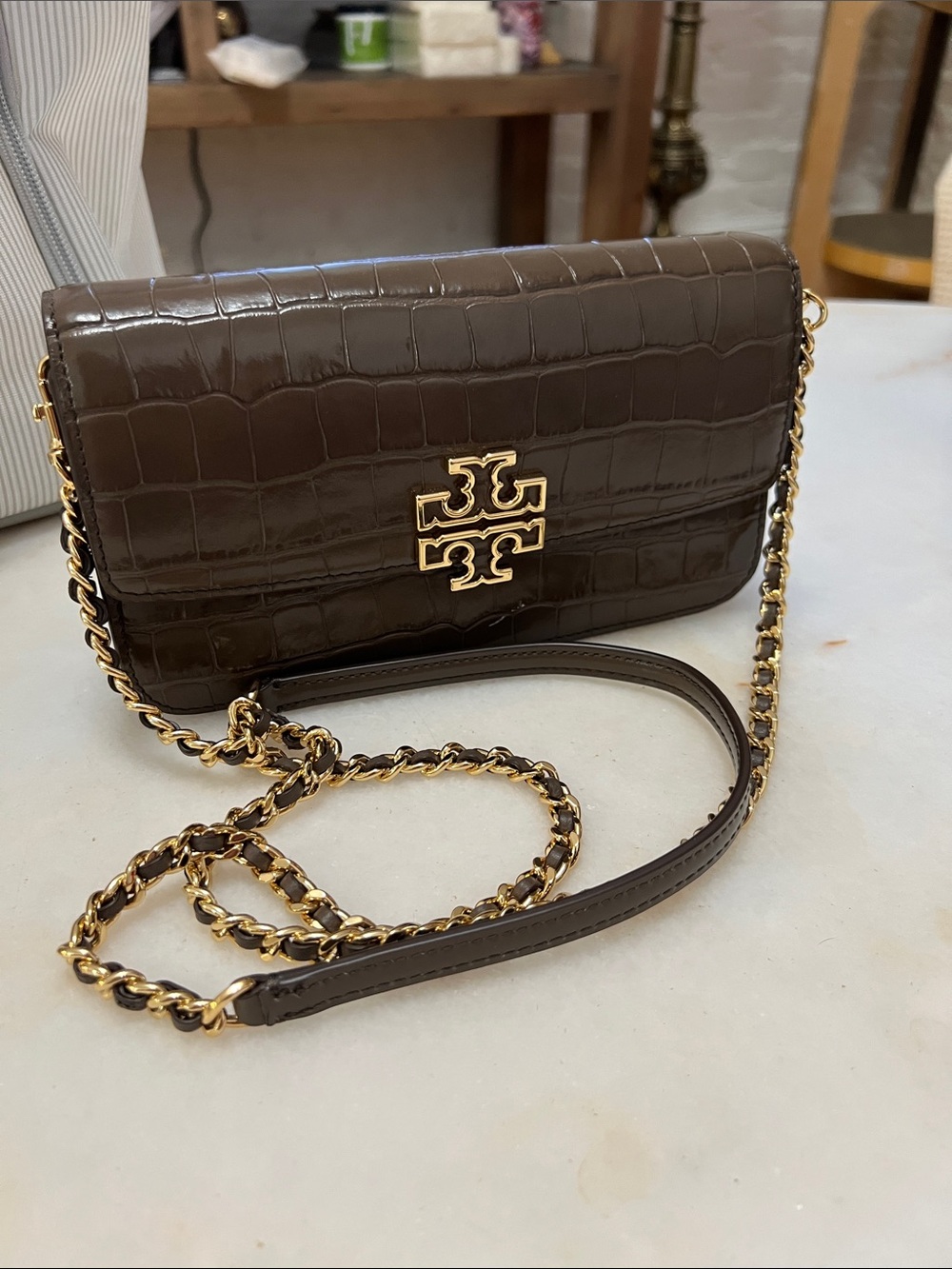 Tory Burch Dark Brown Croc-Embossed Chain Crossbody with Gold Hardware